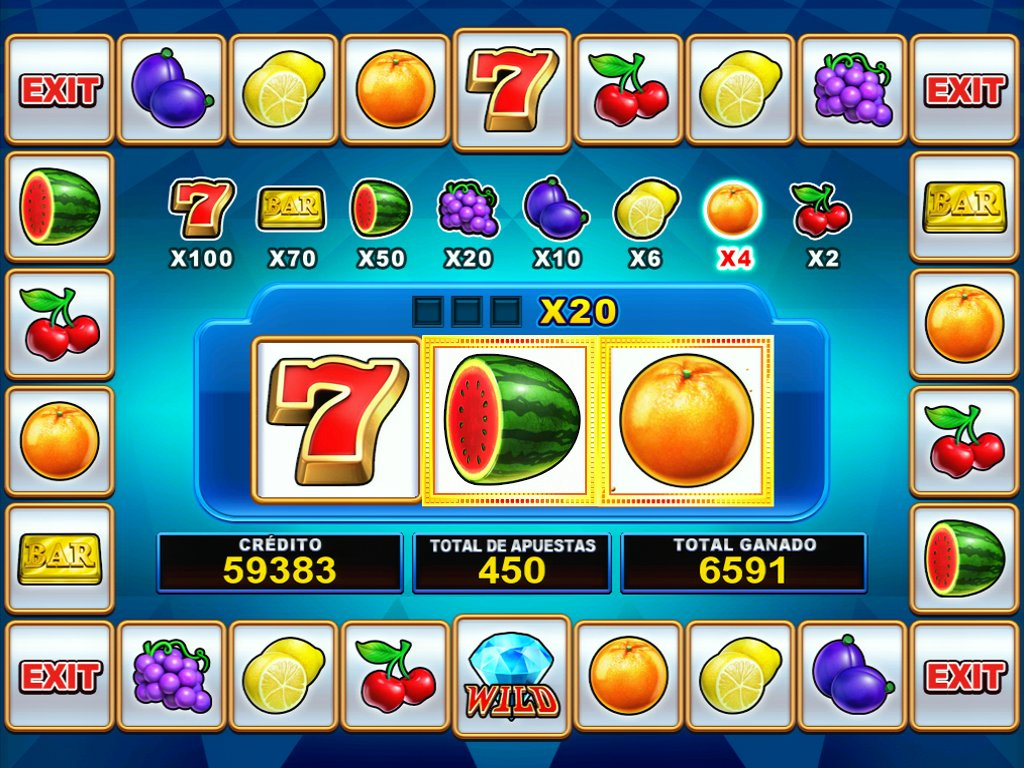 Máquina tragamonedas clásica con símbolos de frutas y números de la suerte